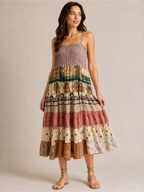 Smocked Tiered Maxi Dress in Dusty Rose and Multi